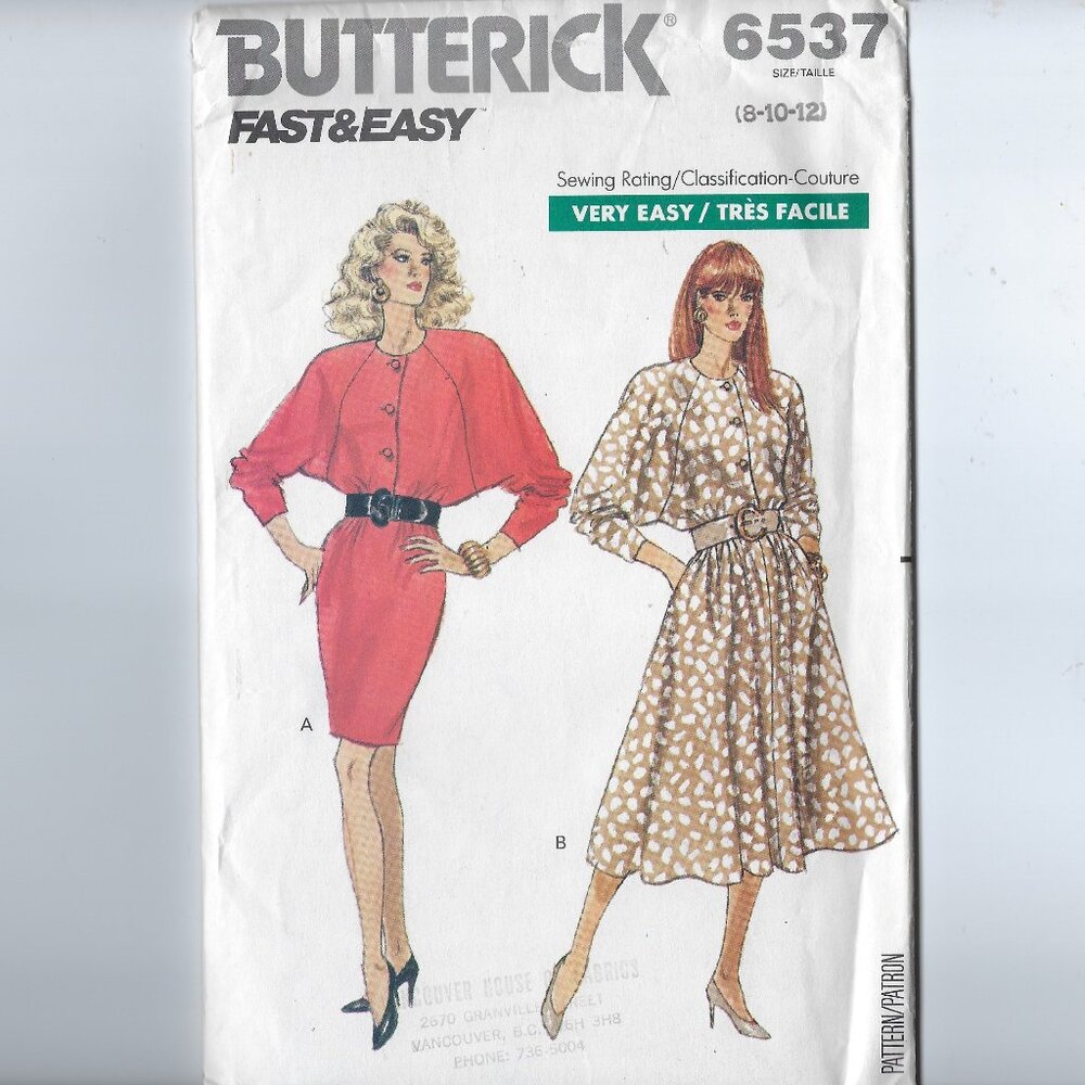 Butterick Fast & Easy Pattern #6537 Sizes 8-10-12 Misses Dress - UNCUT